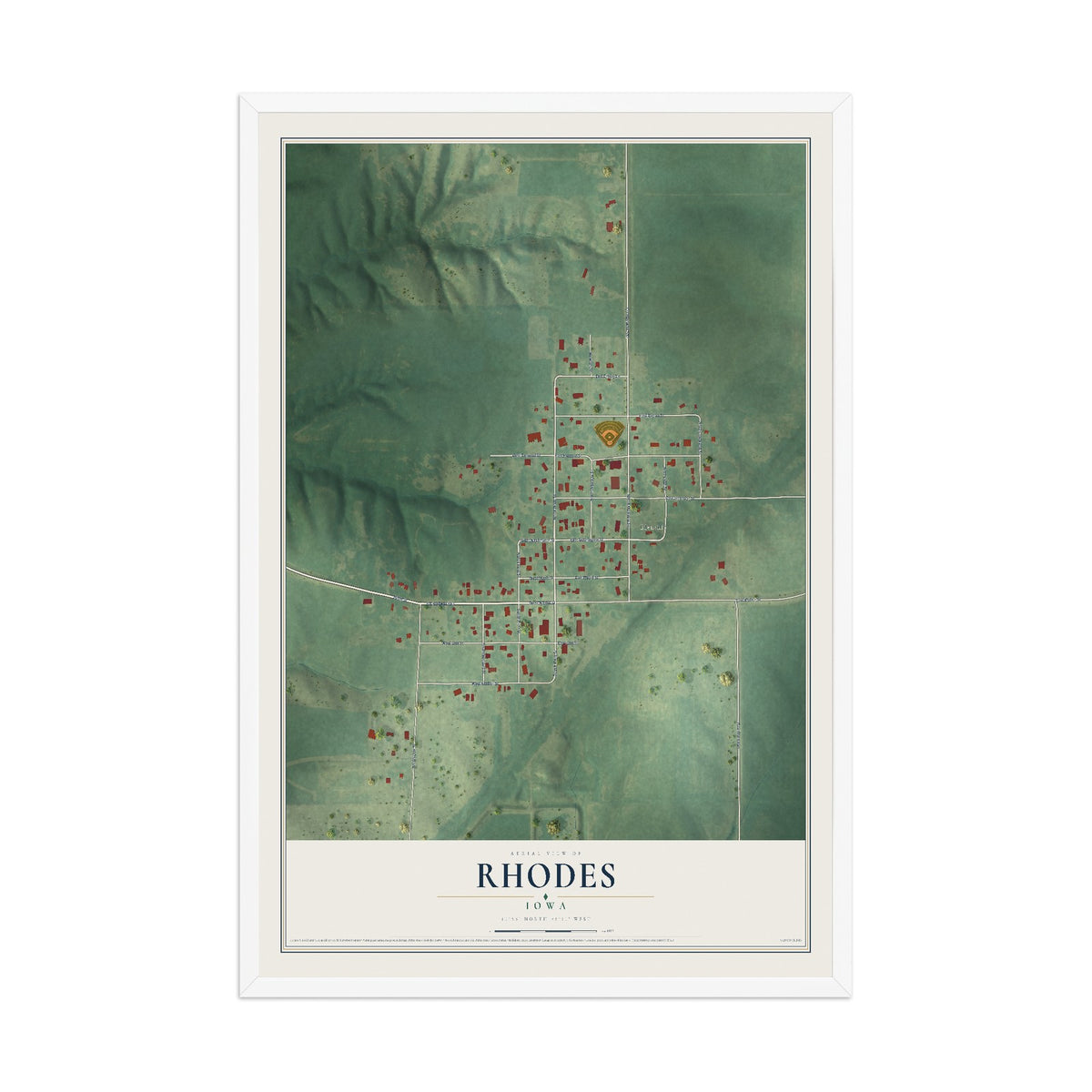 Map of Rhodes, Iowa, 12 x 18 inch print in a white wood frame