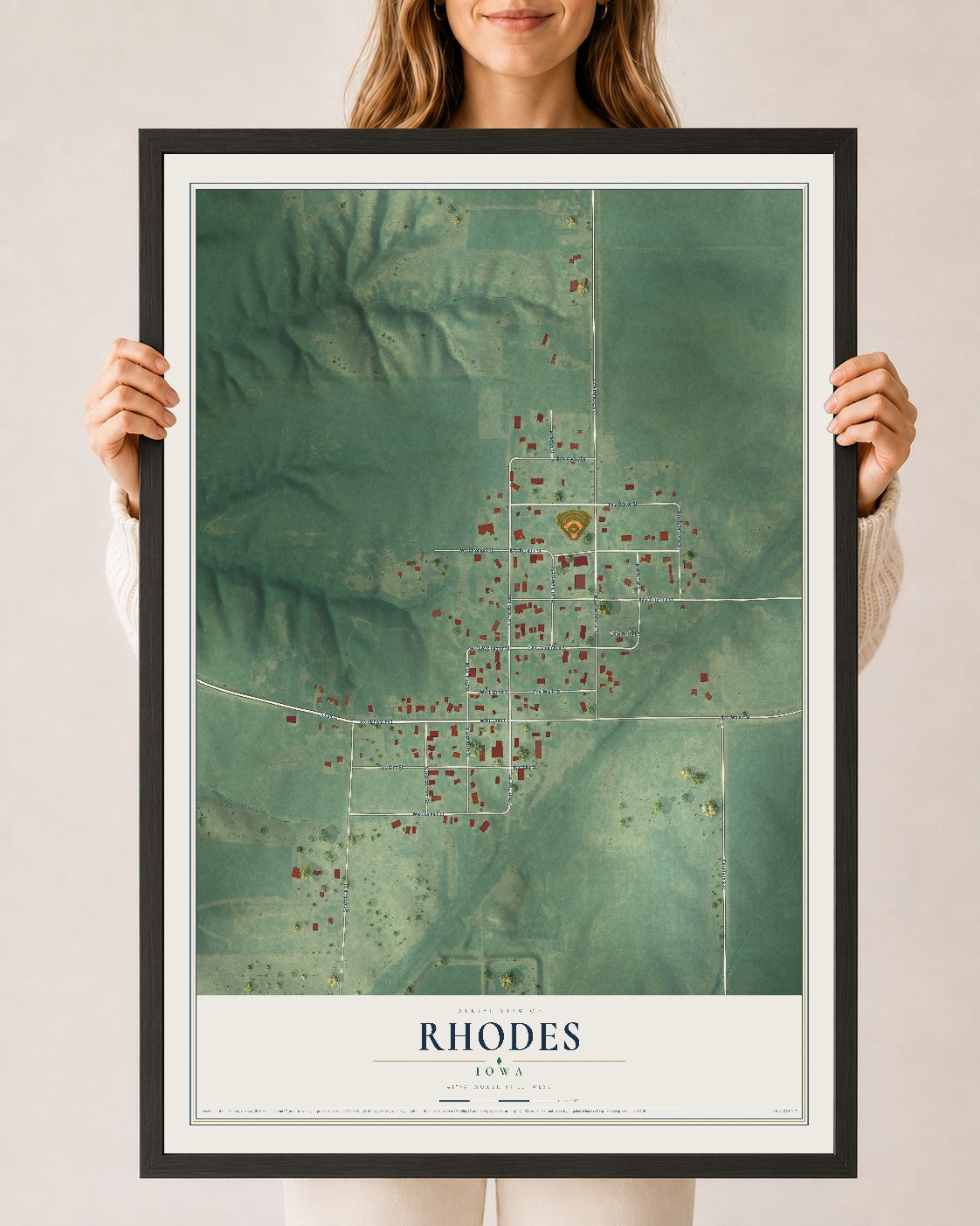 Map of Rhodes, Iowa, 24 x 36 inch print in a black wood frame