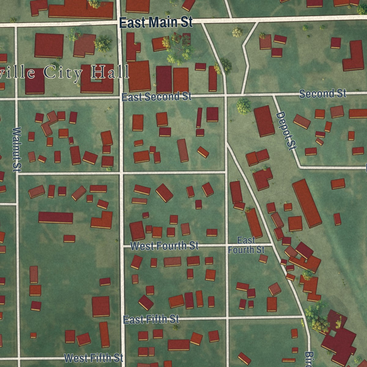 Close-up of the map of Riceville, Iowa print showing street and building detail