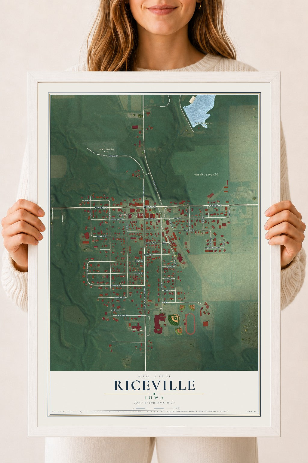 Map of Riceville, Iowa, 18 x 24 inch print in a white wood frame