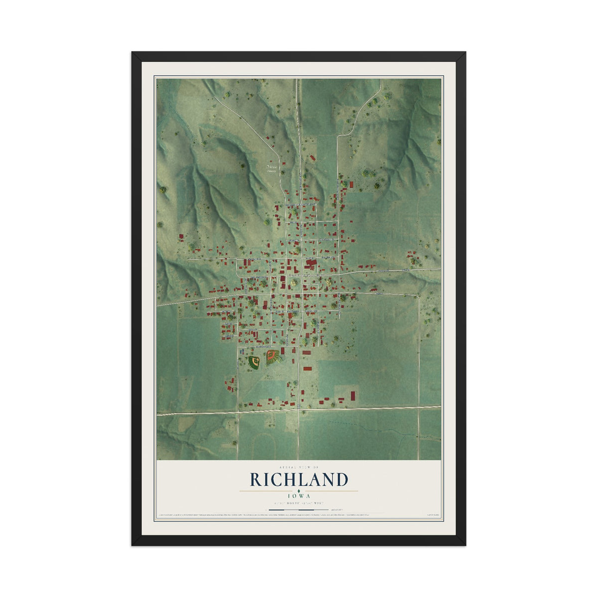 Map of Richland, Iowa, 12 x 18 inch print in a black wood frame