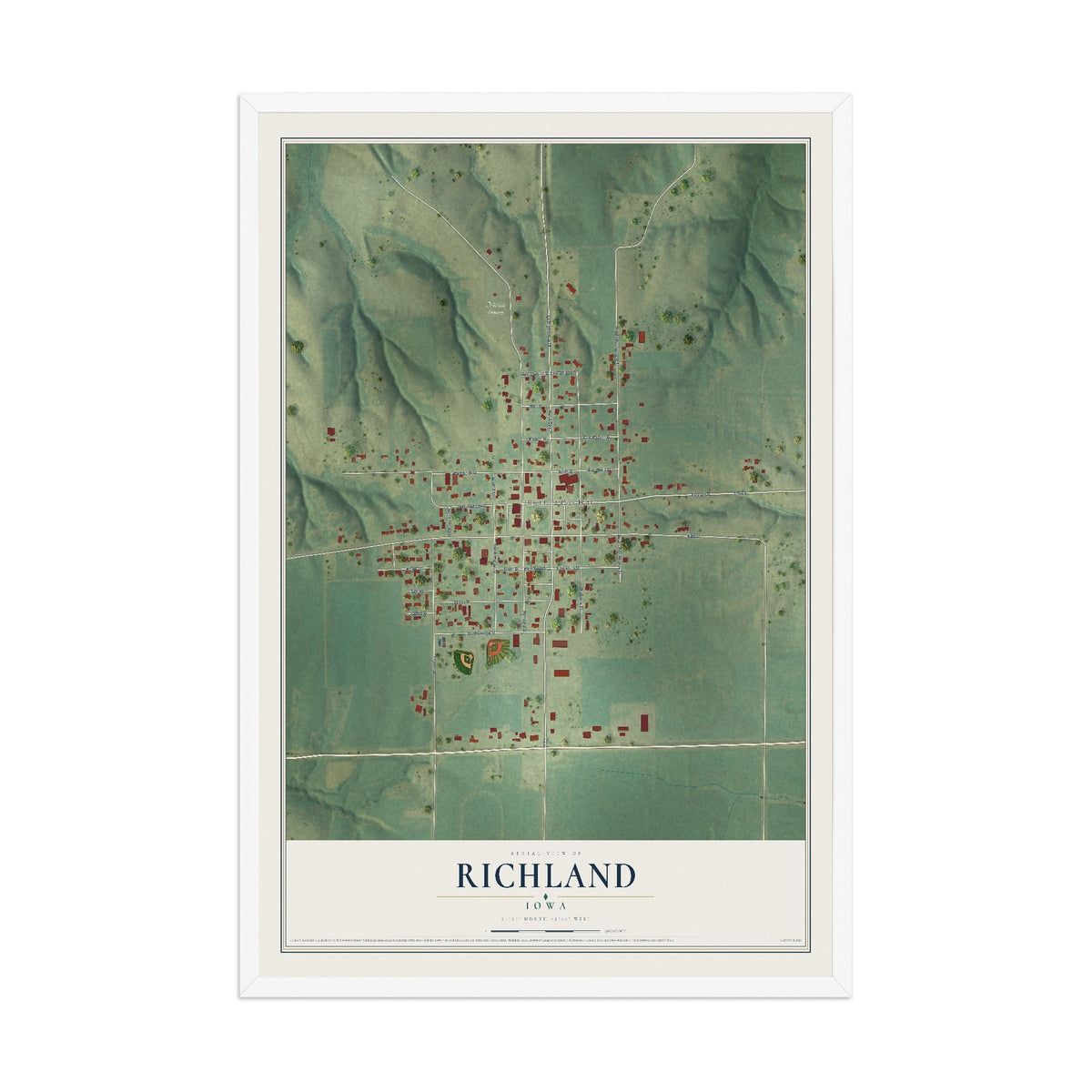 Map of Richland, Iowa, 12 x 18 inch print in a white wood frame