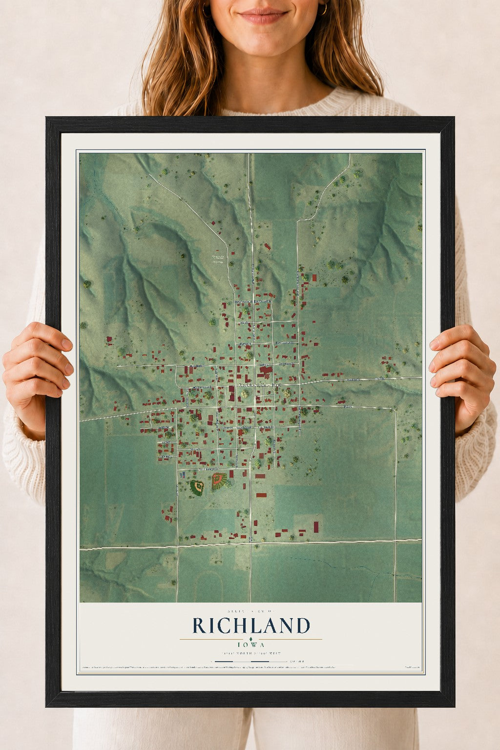 Map of Richland, Iowa, 18 x 24 inch print in a black wood frame