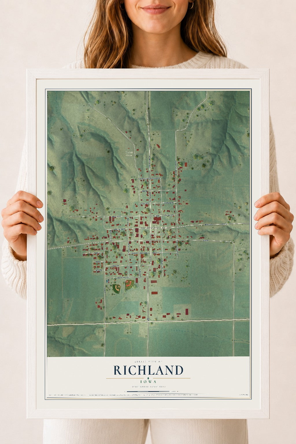 Map of Richland, Iowa, 18 x 24 inch print in a white wood frame