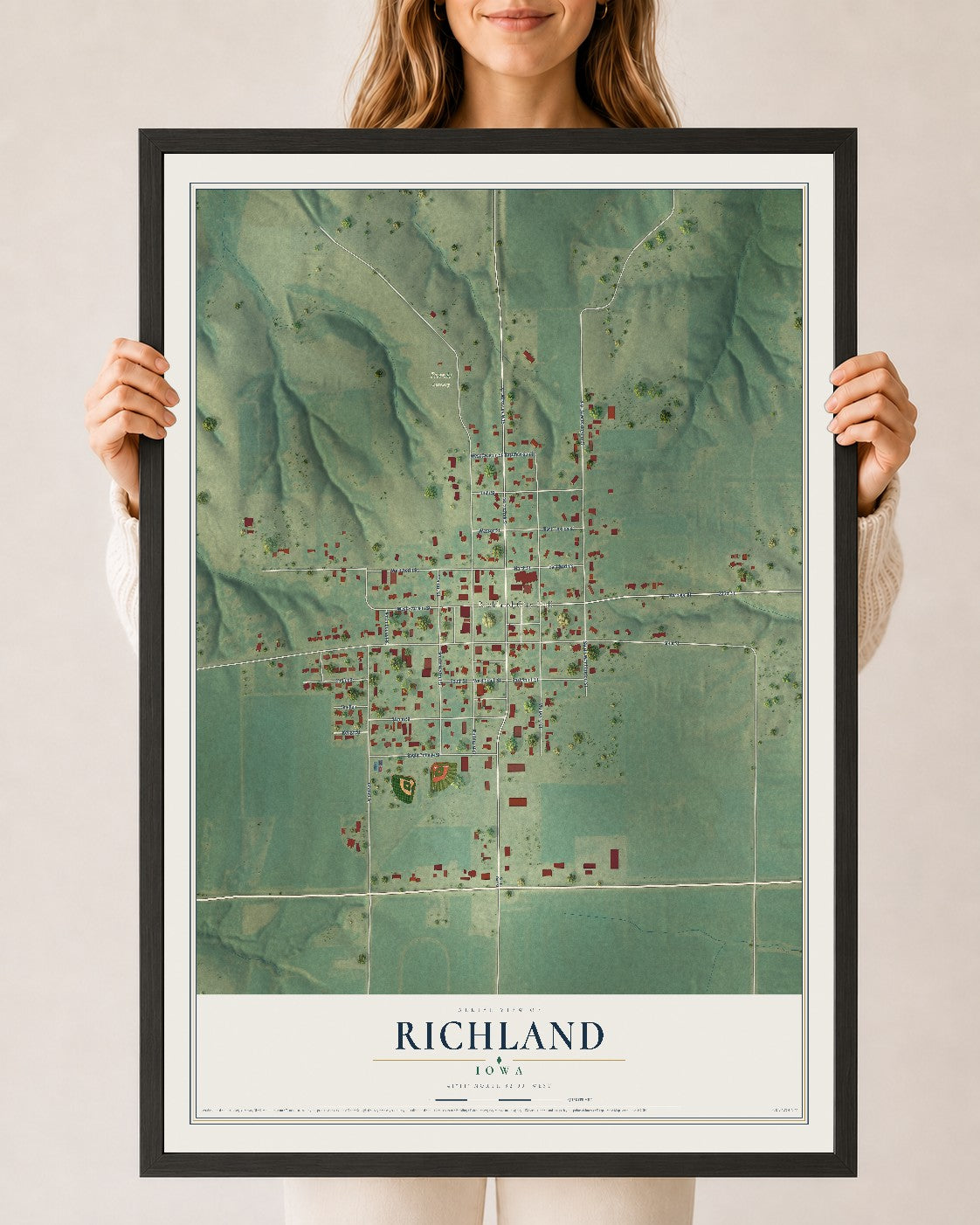 Map of Richland, Iowa, 24 x 36 inch print in a black wood frame