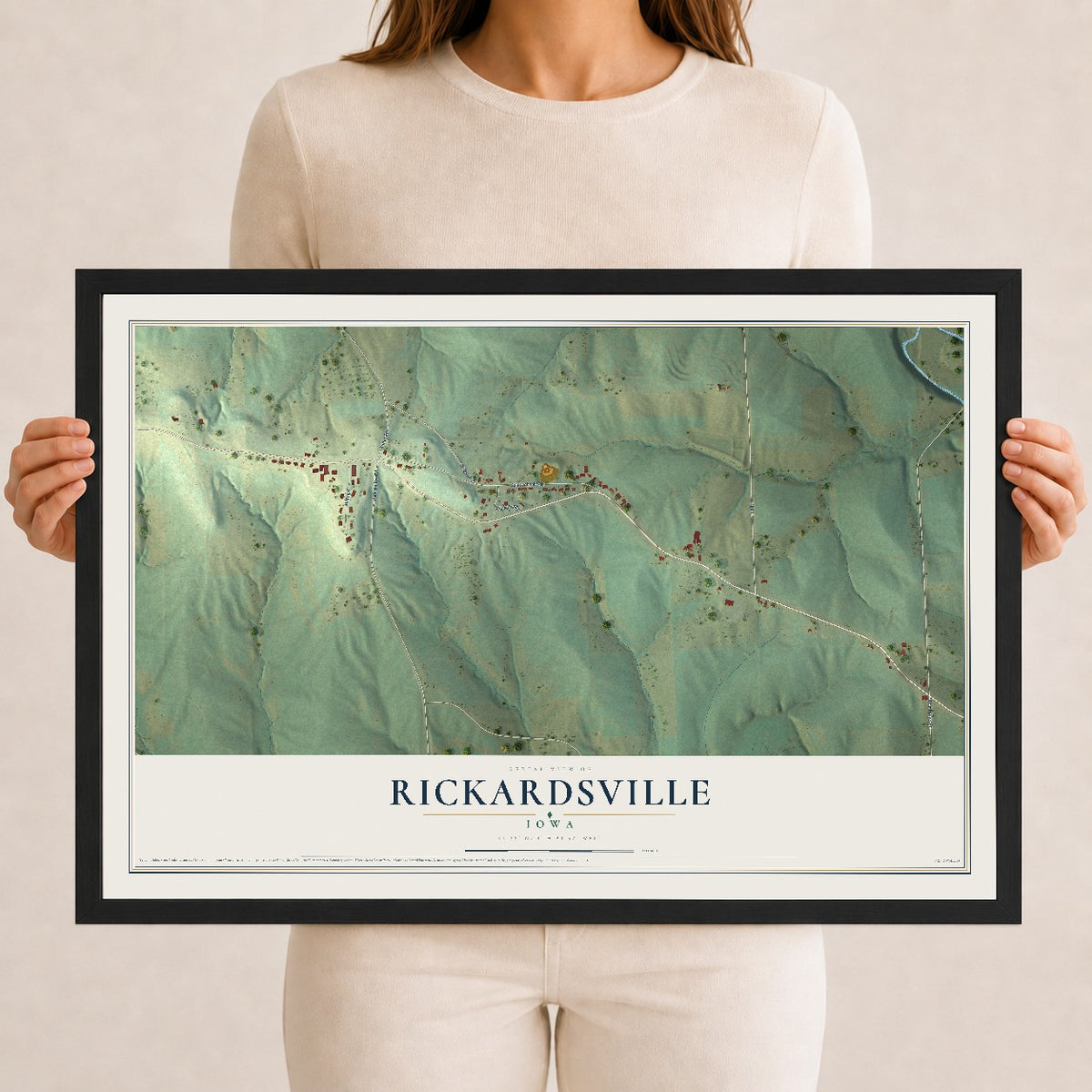 Map of Rickardsville, Iowa, 12 x 18 inch print in a black wood frame