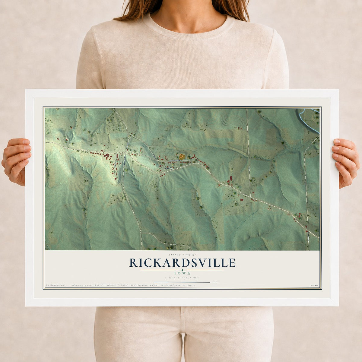 Map of Rickardsville, Iowa, 12 x 18 inch print in a white wood frame