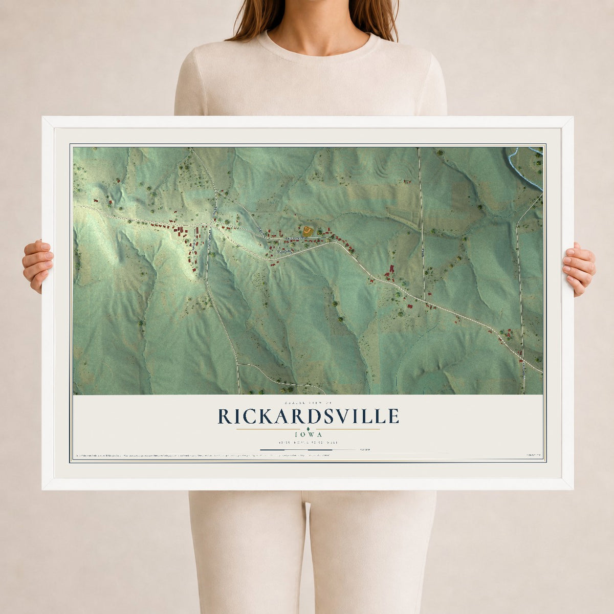 Map of Rickardsville, Iowa, 24 x 36 inch print in a white wood frame