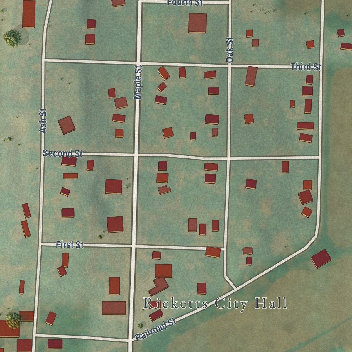 Close-up of the map of Ricketts, Iowa print showing street and building detail