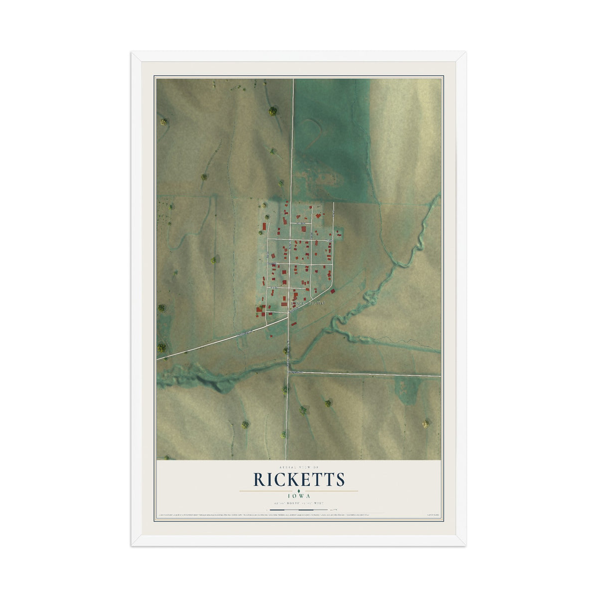 Map of Ricketts, Iowa, 12 x 18 inch print in a white wood frame