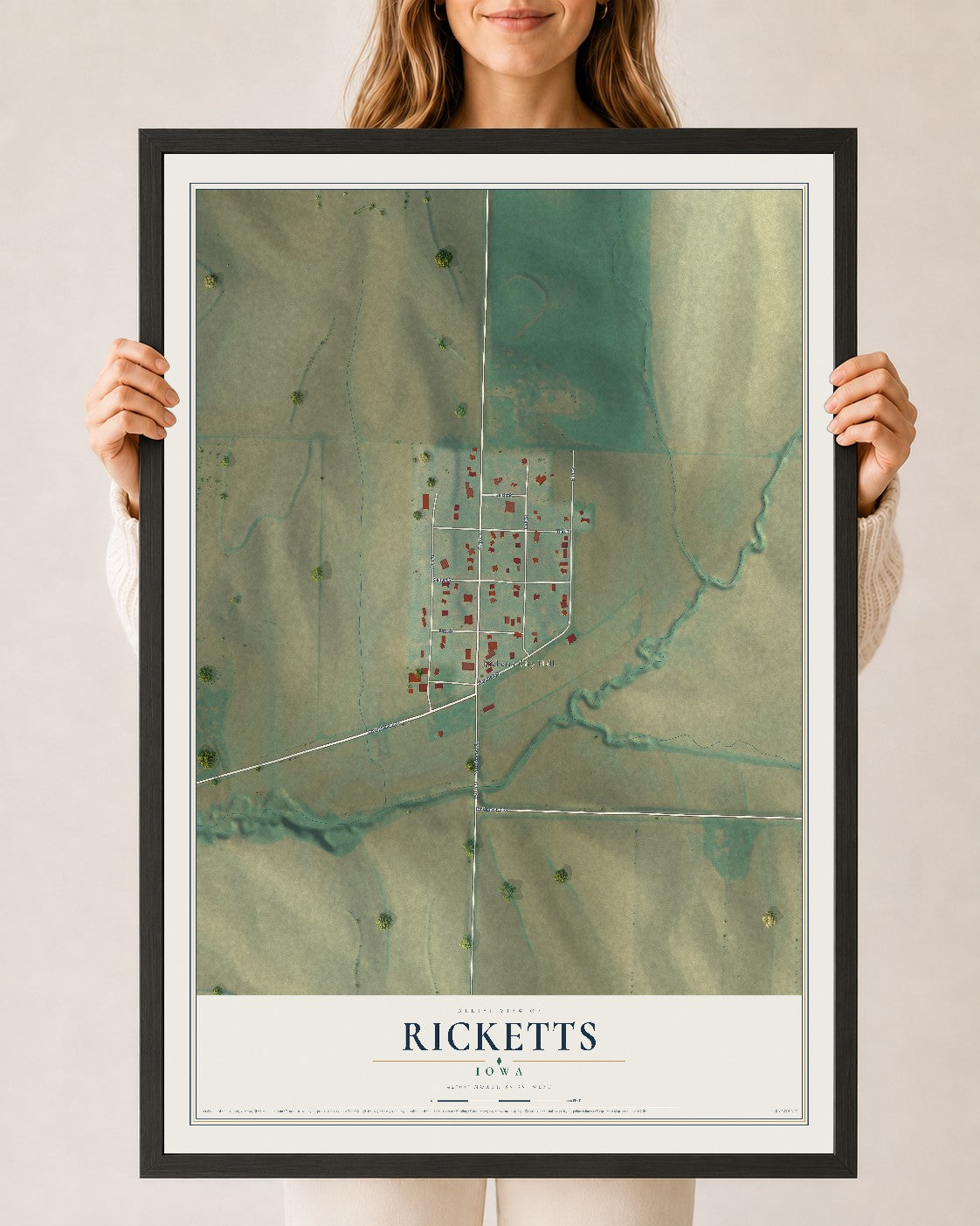 Map of Ricketts, Iowa, 24 x 36 inch print in a black wood frame