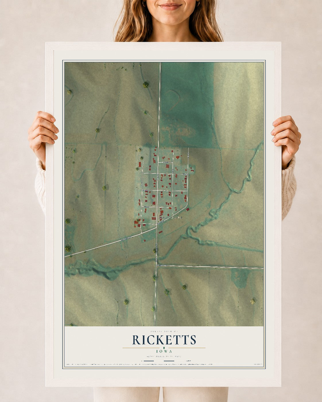 Map of Ricketts, Iowa, 24 x 36 inch print in a white wood frame