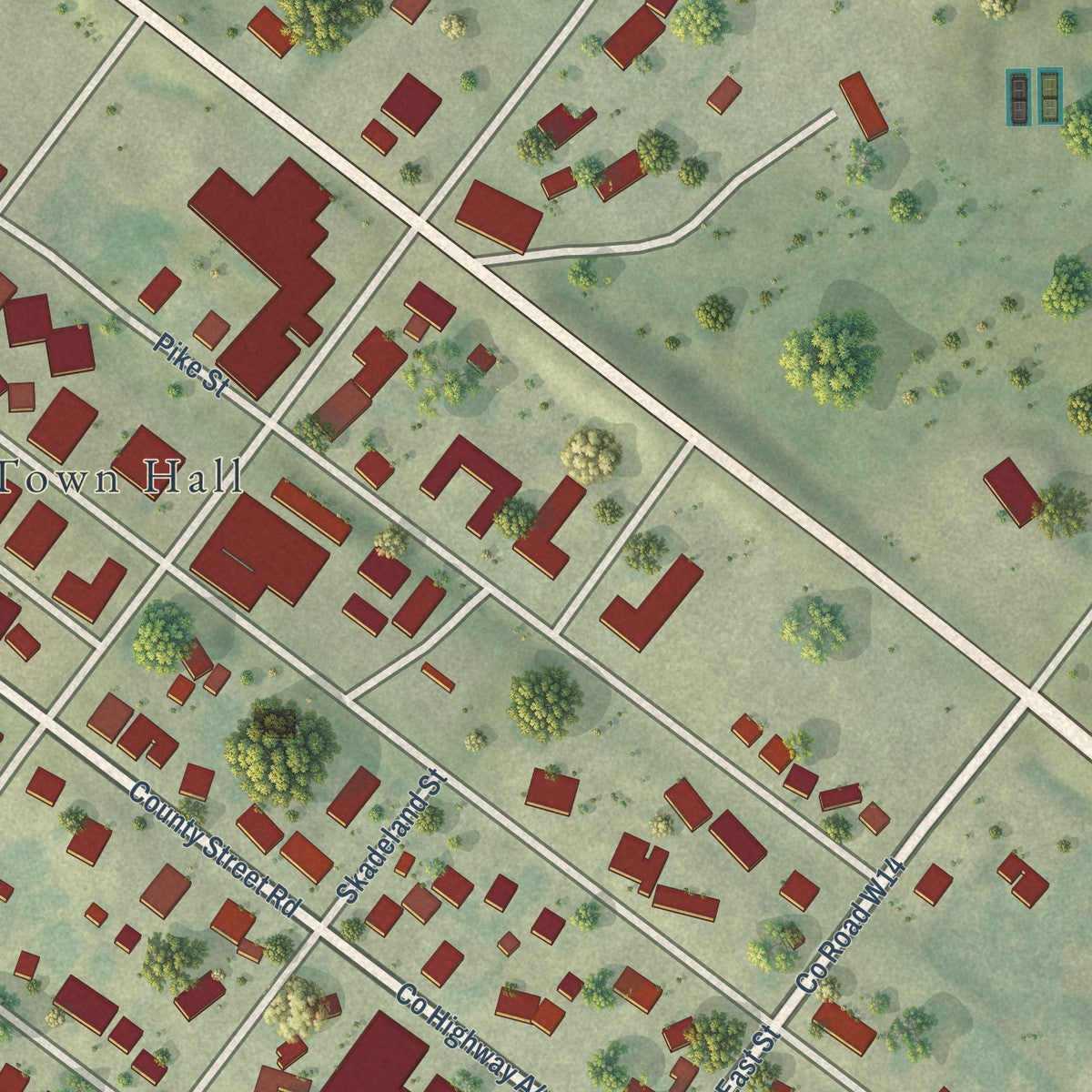 Close-up of the map of Ridgeway, Iowa print showing street and building detail