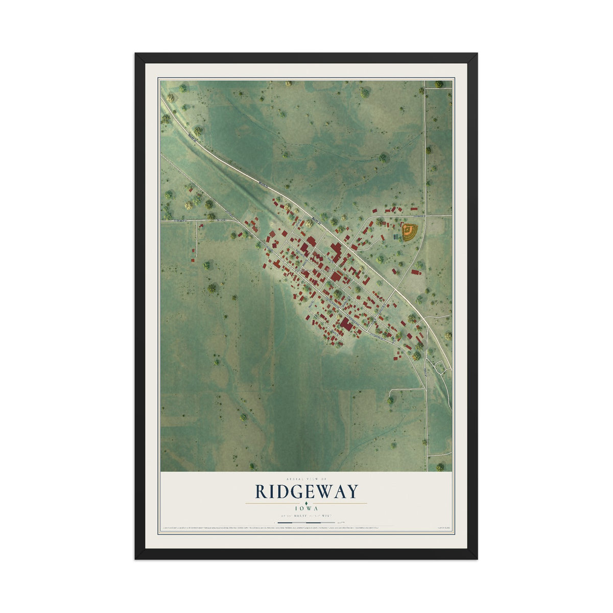 Map of Ridgeway, Iowa, 12 x 18 inch print in a black wood frame
