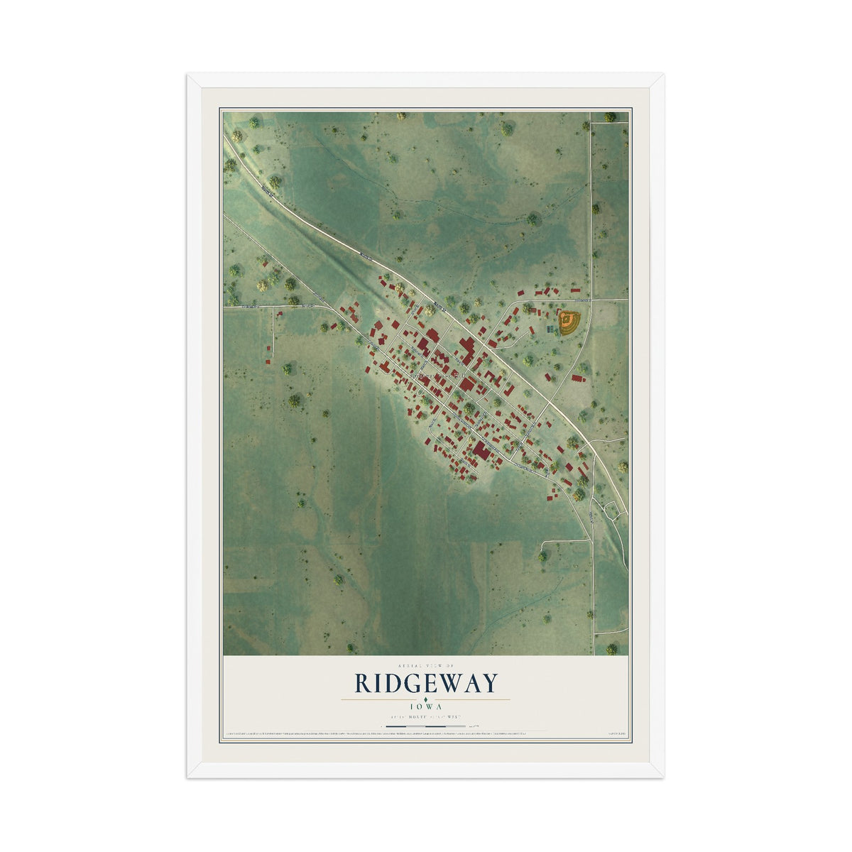 Map of Ridgeway, Iowa, 12 x 18 inch print in a white wood frame