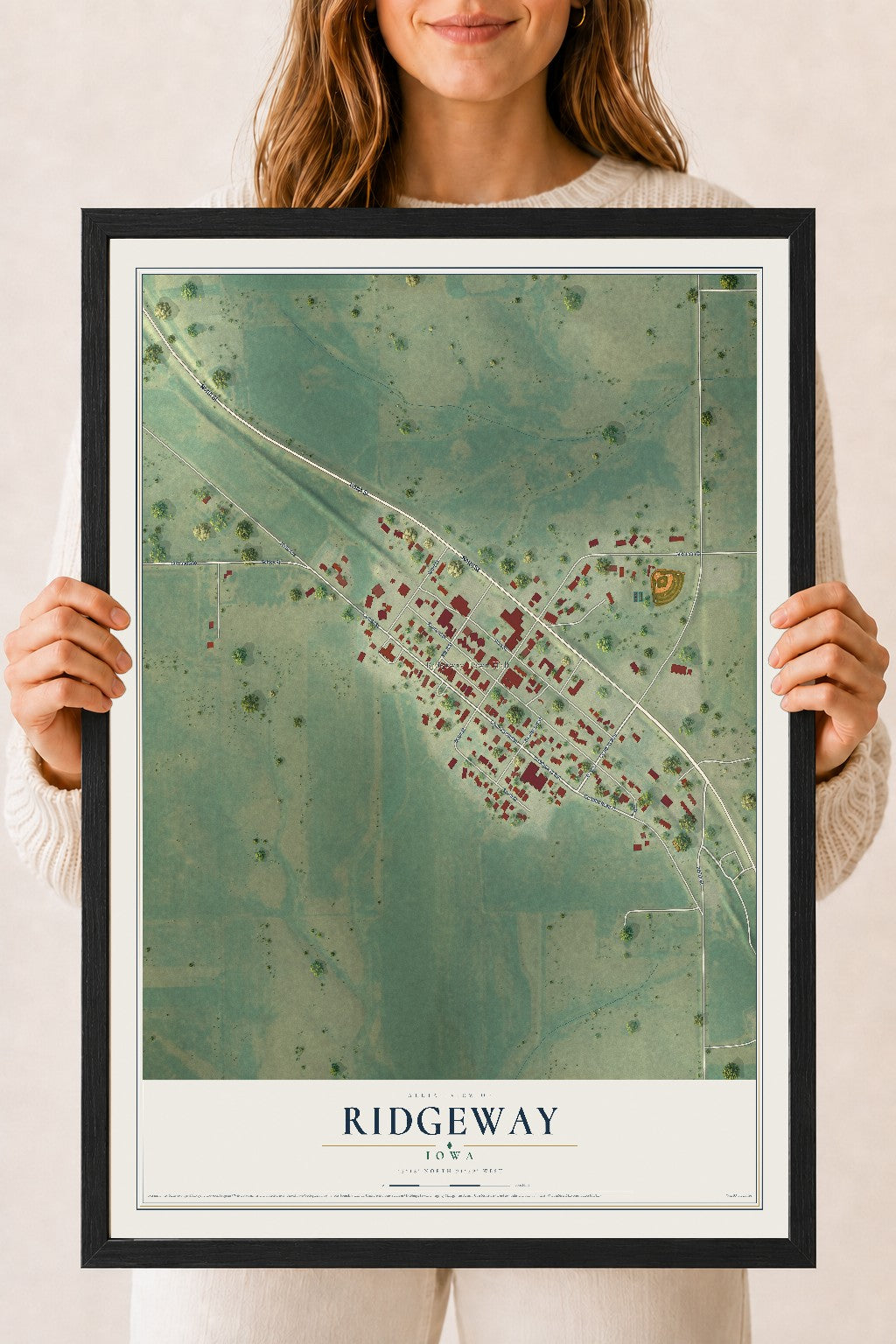 Map of Ridgeway, Iowa, 18 x 24 inch print in a black wood frame