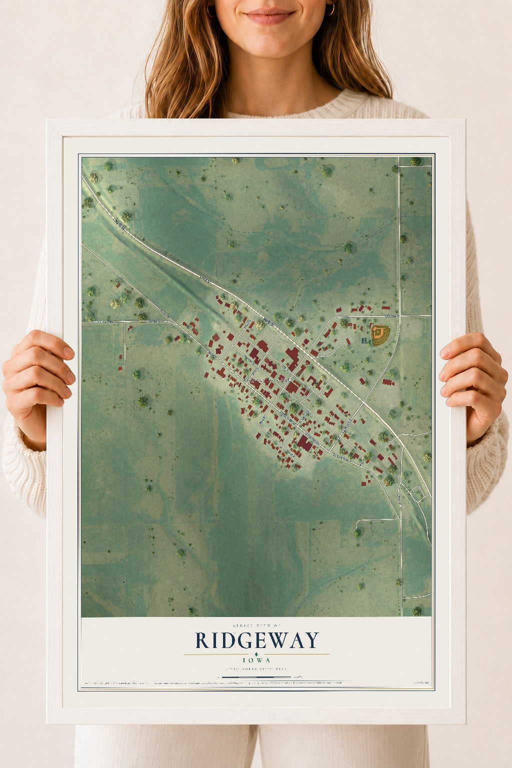 Map of Ridgeway, Iowa, 18 x 24 inch print in a white wood frame