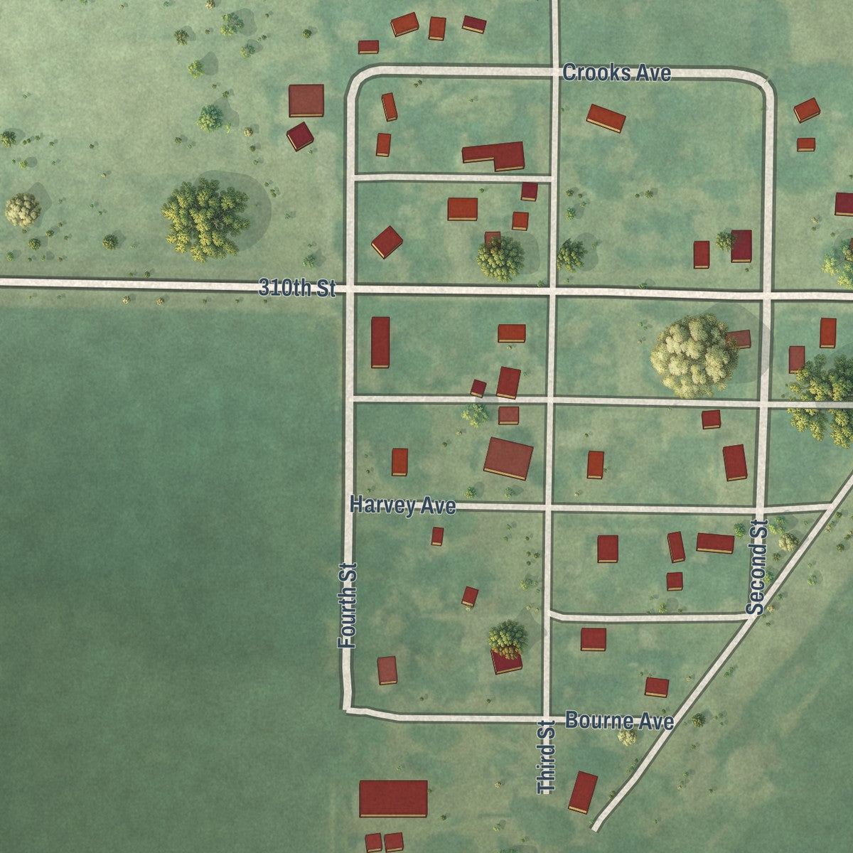 Close-up of the map of Rinard, Iowa print showing street and building detail