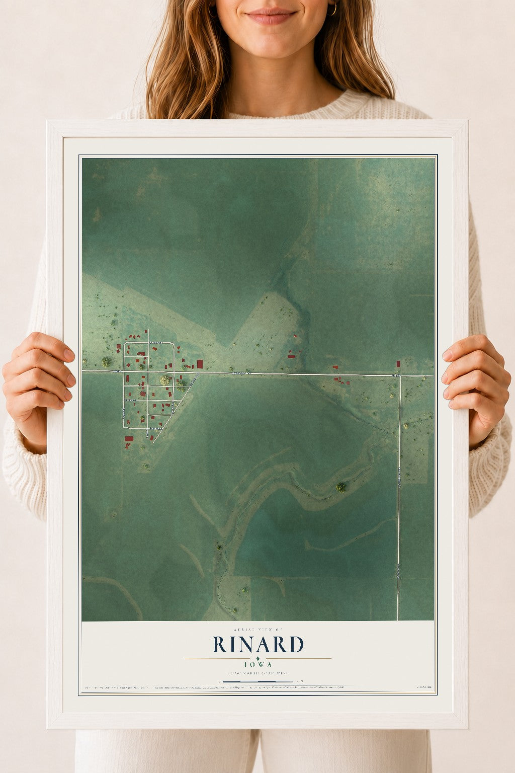 Map of Rinard, Iowa, 18 x 24 inch print in a white wood frame