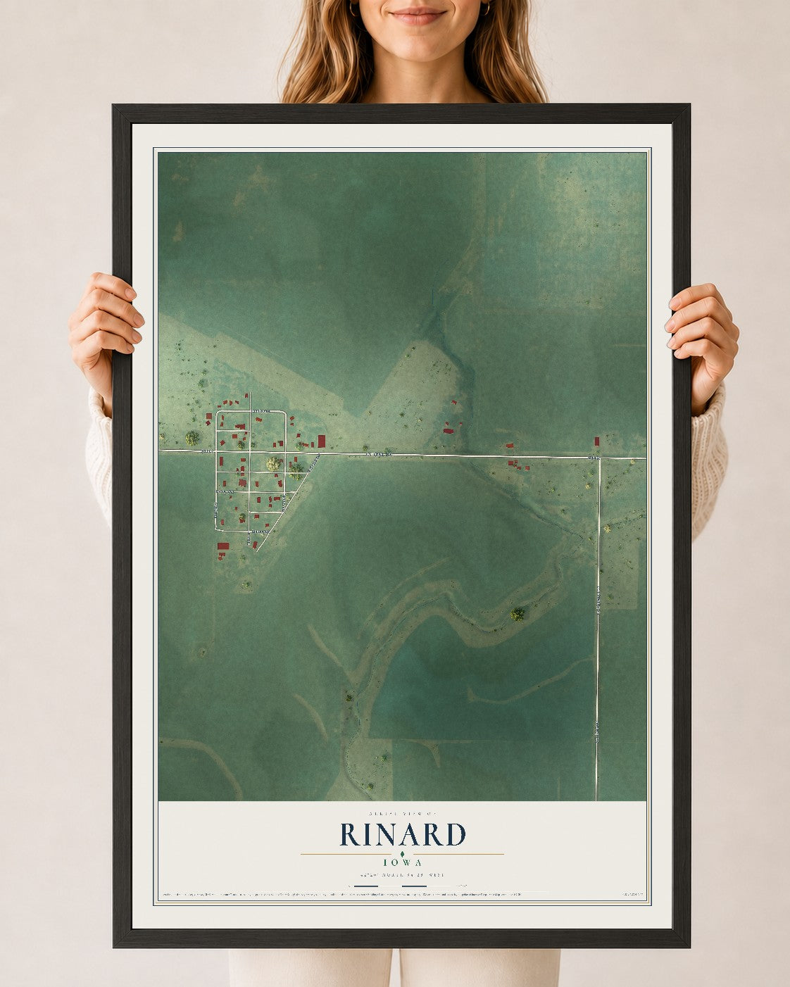 Map of Rinard, Iowa, 24 x 36 inch print in a black wood frame