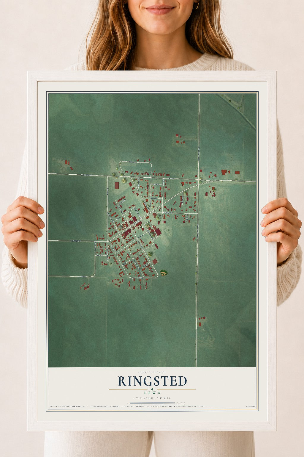 Map of Ringsted, Iowa, 18 x 24 inch print in a white wood frame