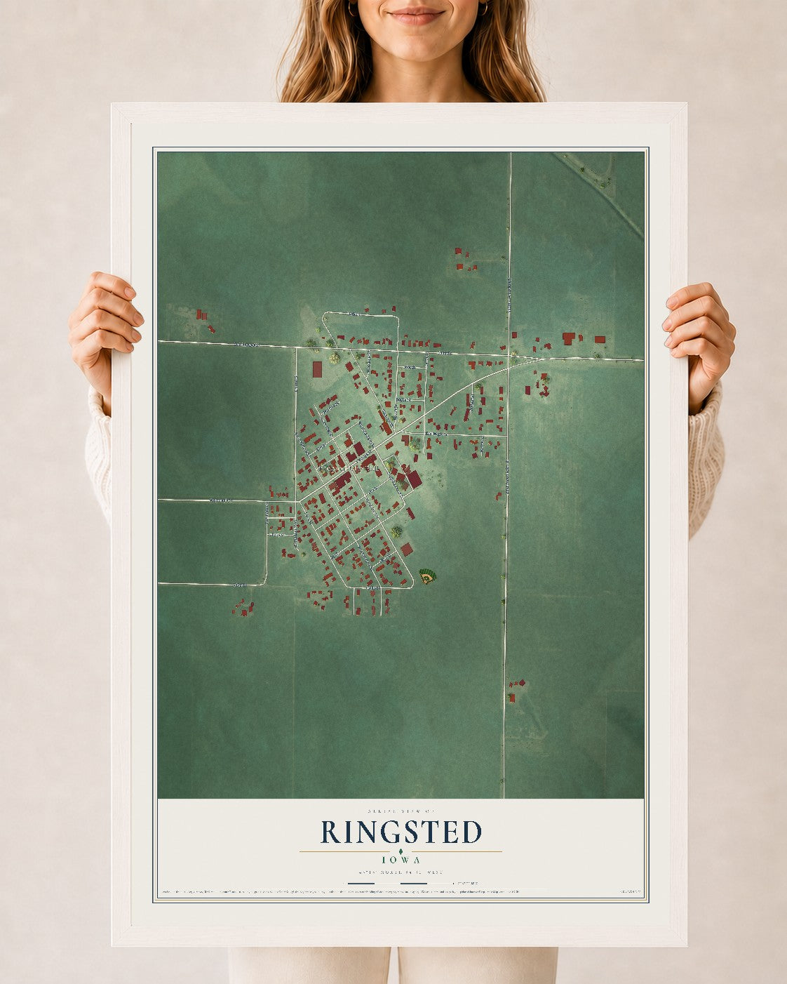 Map of Ringsted, Iowa, 24 x 36 inch print in a white wood frame