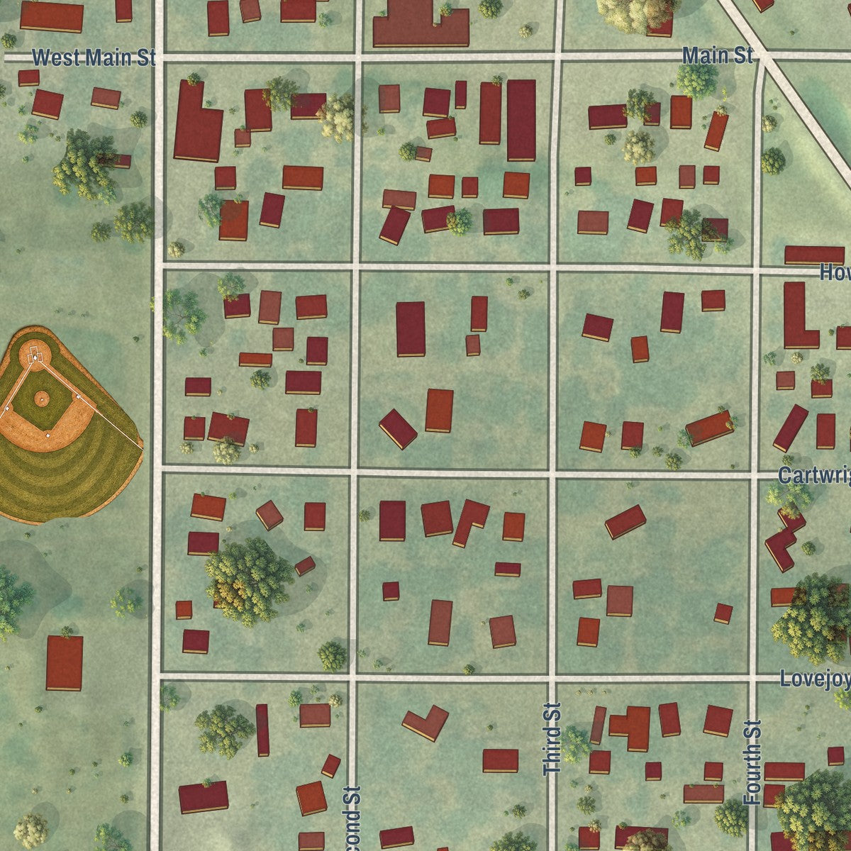 Close-up of the map of Rippey, Iowa print showing street and building detail