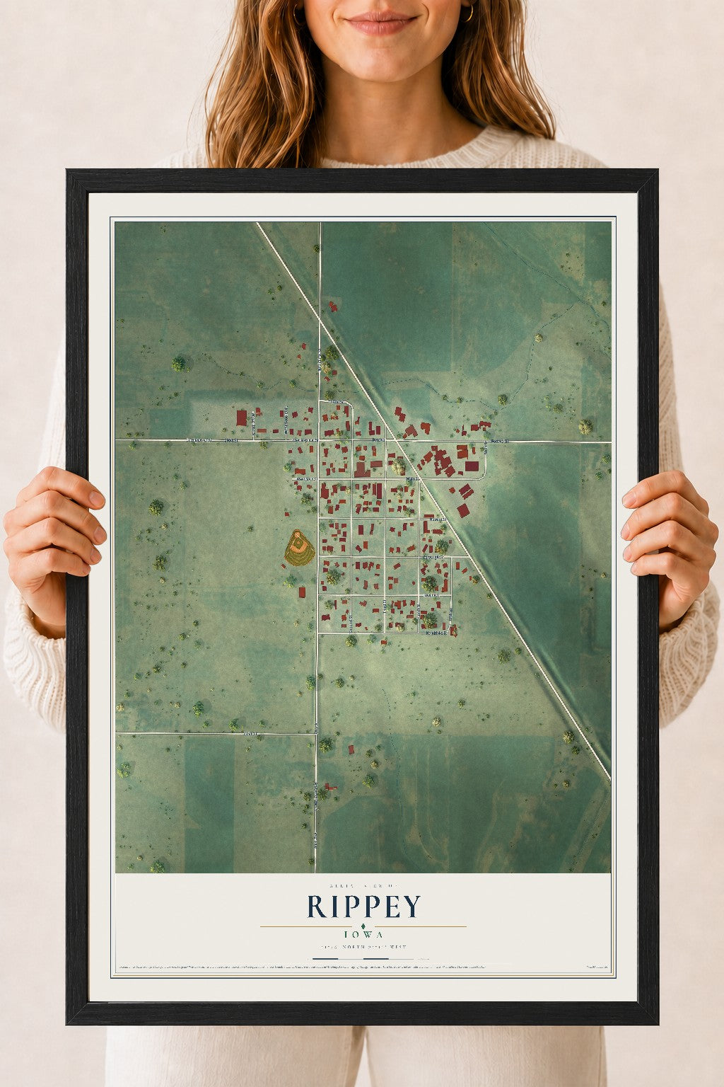 Map of Rippey, Iowa, 18 x 24 inch print in a black wood frame