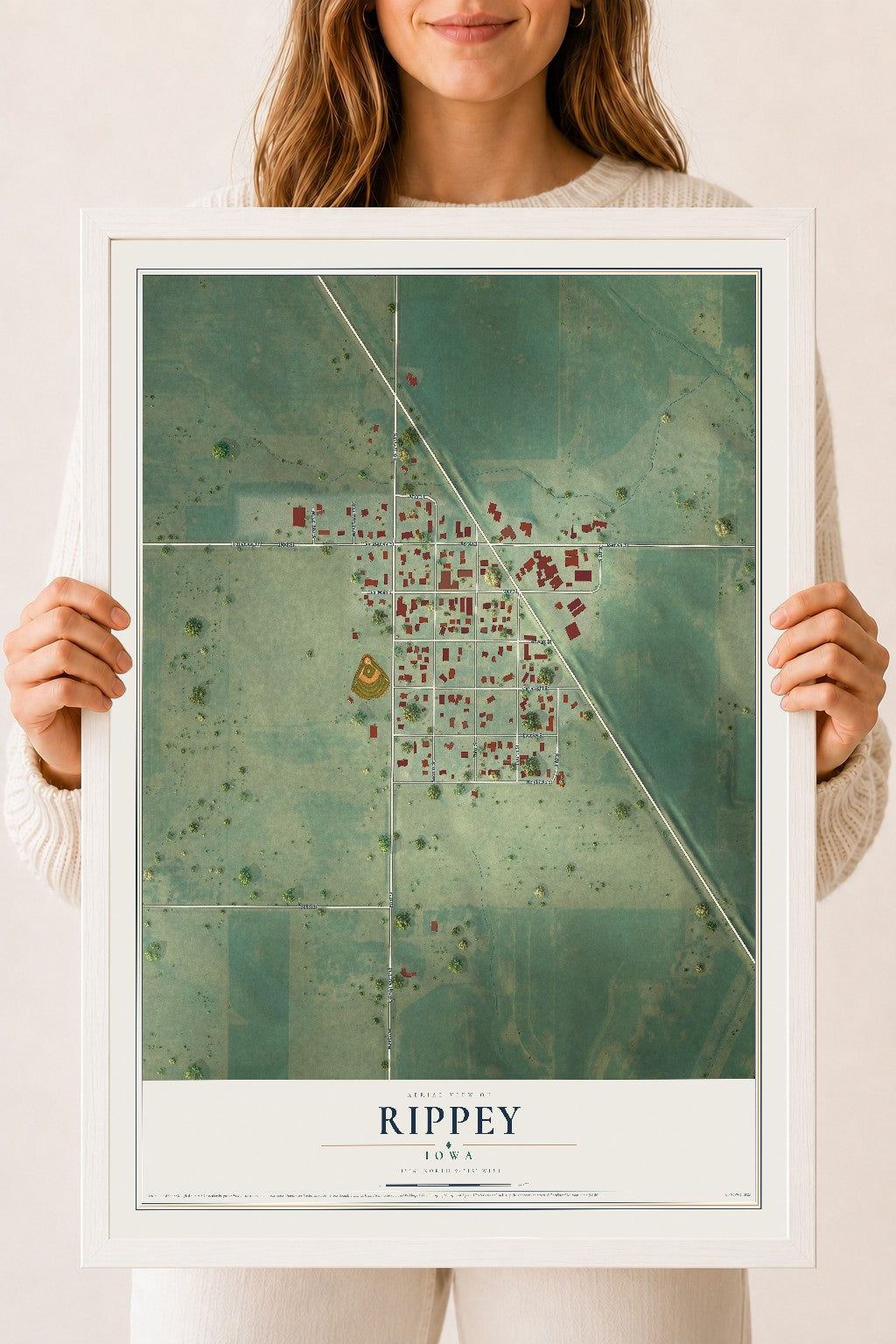 Map of Rippey, Iowa, 18 x 24 inch print in a white wood frame