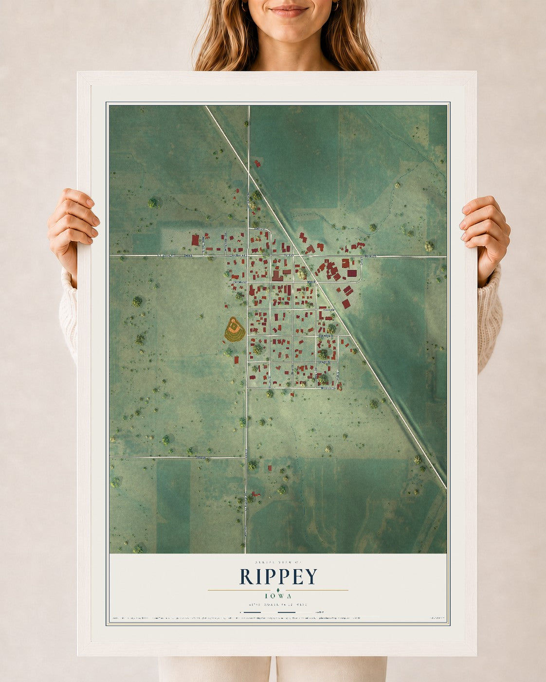 Map of Rippey, Iowa, 24 x 36 inch print in a white wood frame