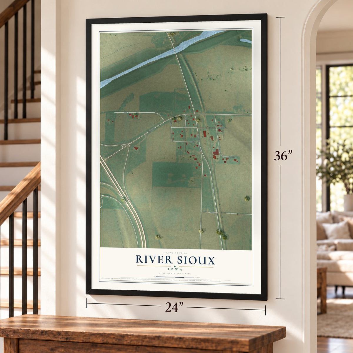 River Sioux, Iowa map, 24 x 36 inch print in a black frame by a staircase