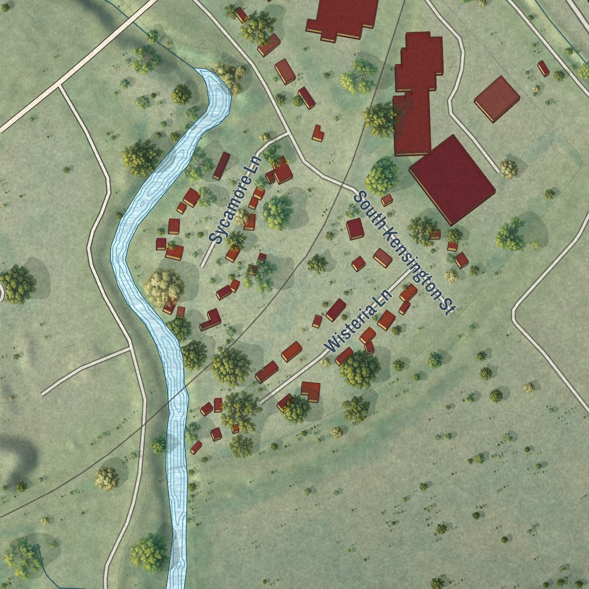 Close-up of the map of Riverdale, Iowa print showing street and building detail