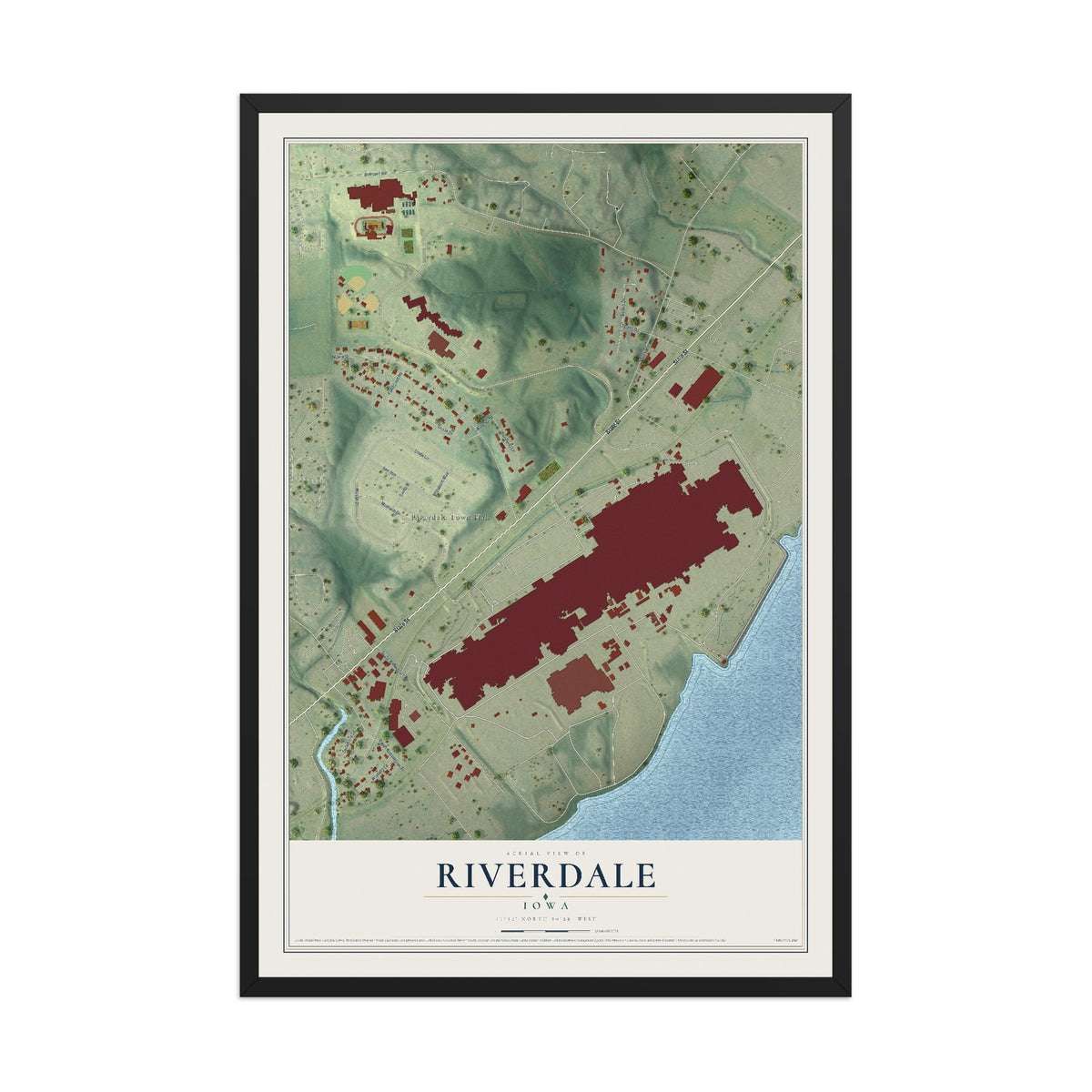 Map of Riverdale, Iowa, 12 x 18 inch print in a black wood frame