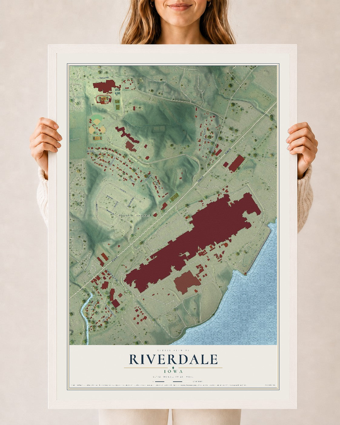 Map of Riverdale, Iowa, 24 x 36 inch print in a white wood frame