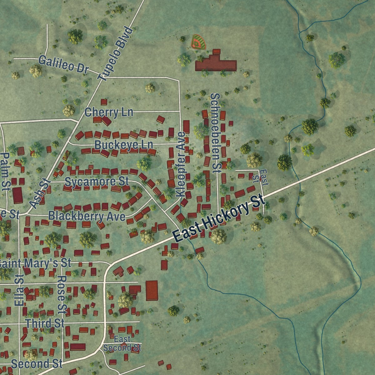 Close-up of the map of Riverside, Iowa print showing street and building detail