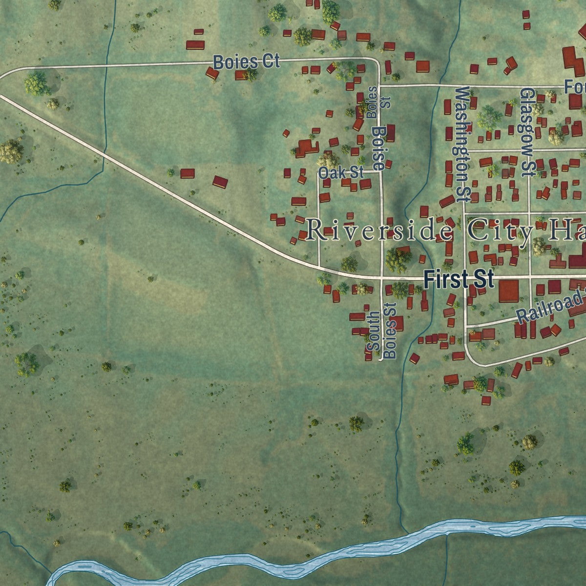 Second close-up of the map of Riverside, Iowa print showing more streets and buildings