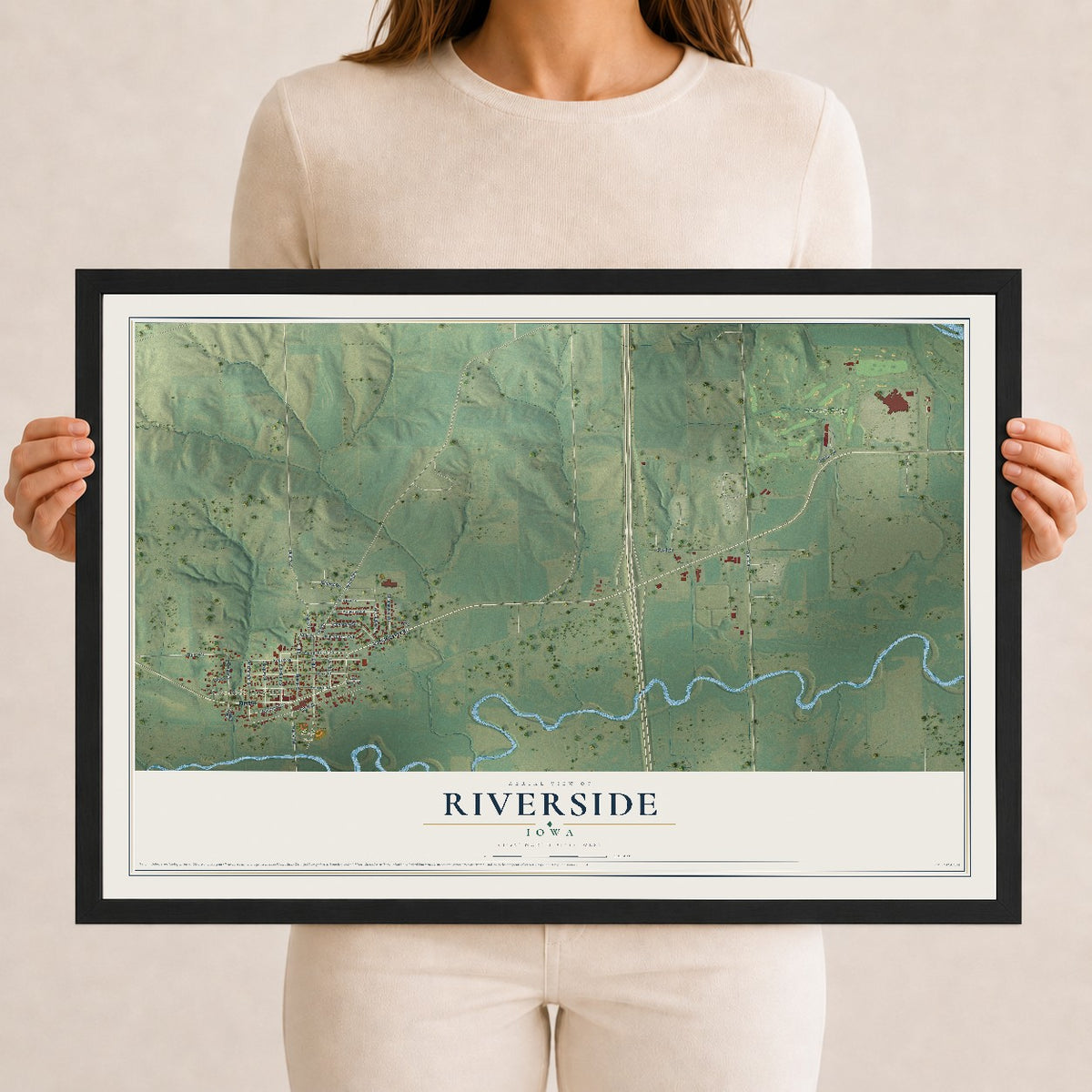 Map of Riverside, Iowa, 12 x 18 inch print in a black wood frame
