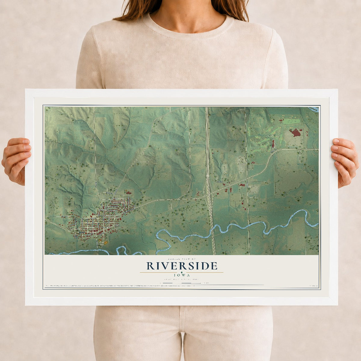 Map of Riverside, Iowa, 12 x 18 inch print in a white wood frame