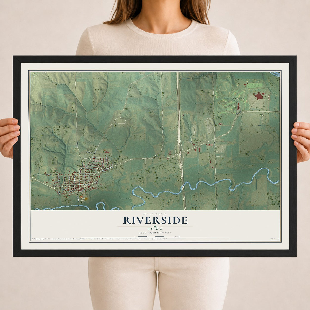 Map of Riverside, Iowa, 18 x 24 inch print in a black wood frame