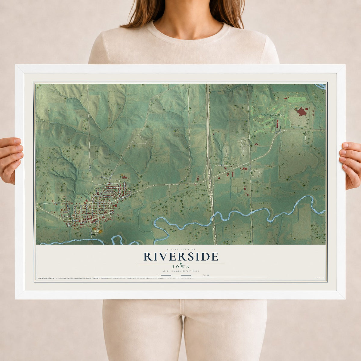 Map of Riverside, Iowa, 18 x 24 inch print in a white wood frame