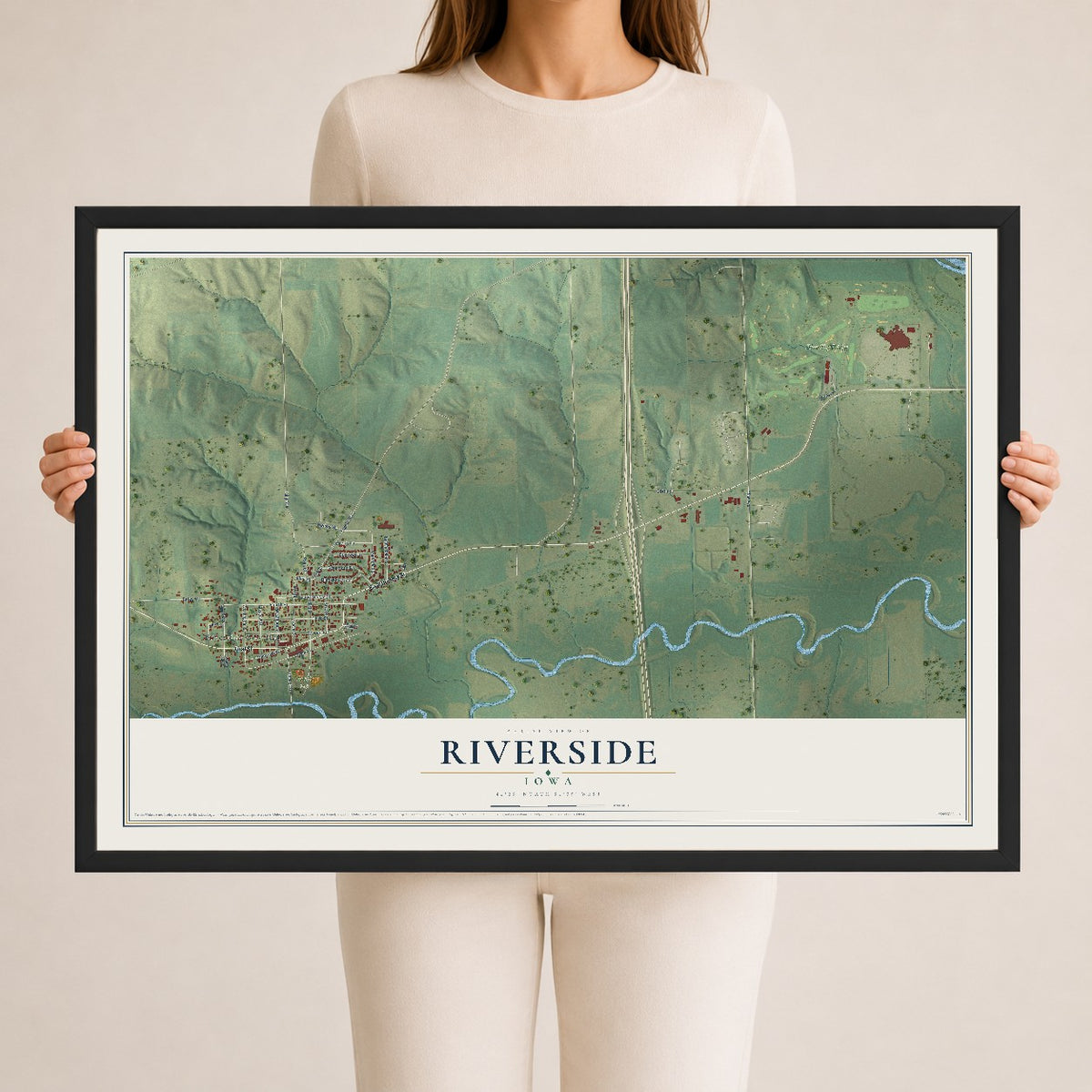 Map of Riverside, Iowa, 24 x 36 inch print in a black wood frame