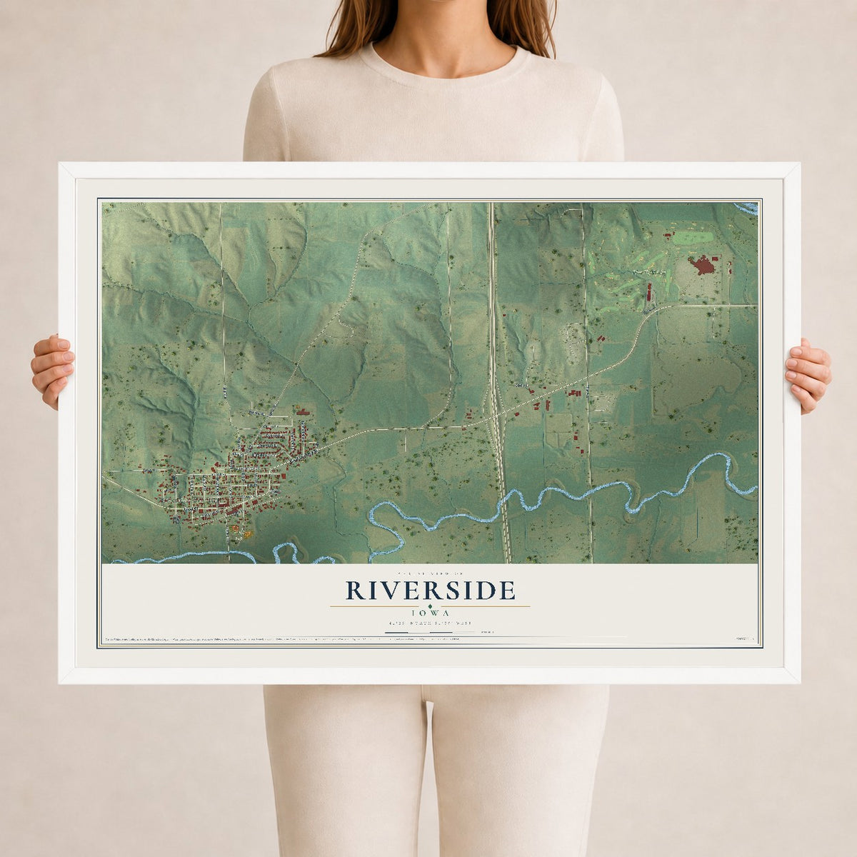 Map of Riverside, Iowa, 24 x 36 inch print in a white wood frame