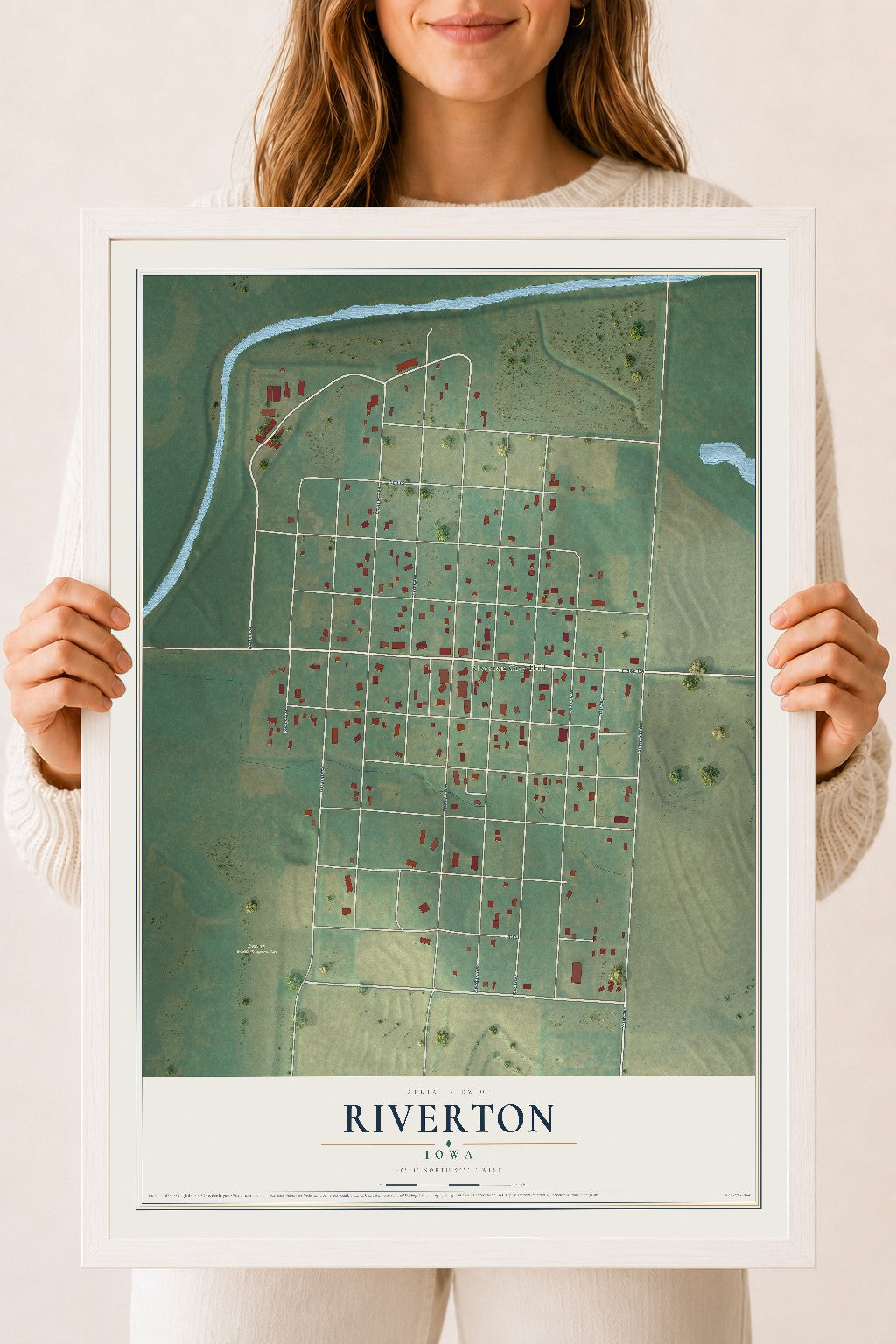 Map of Riverton, Iowa, 18 x 24 inch print in a white wood frame