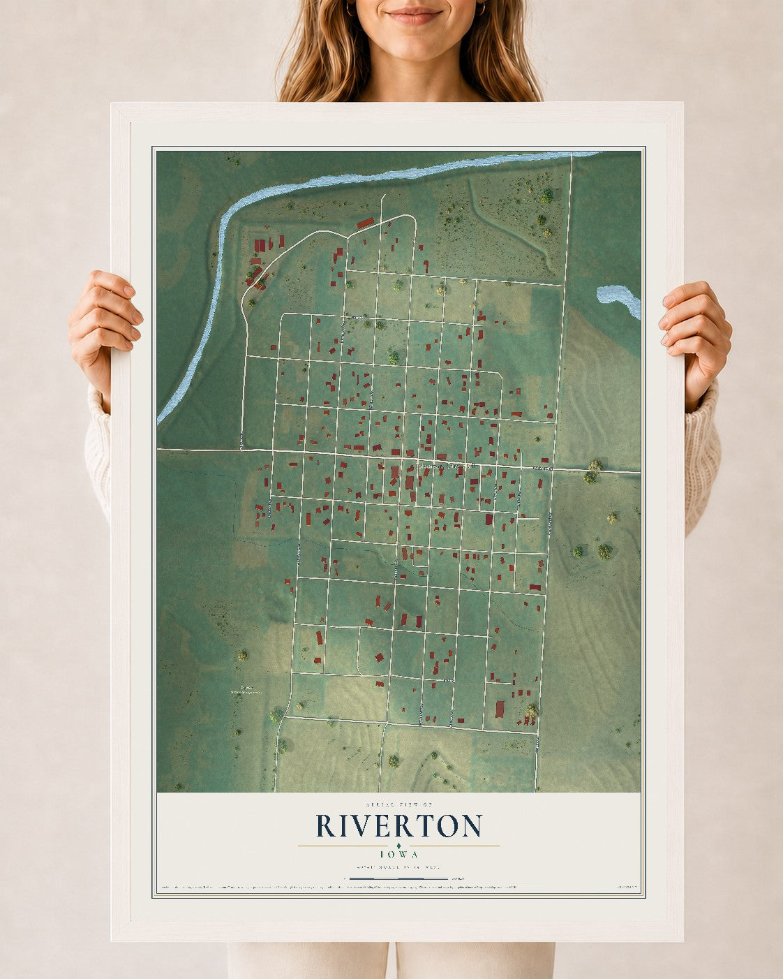 Map of Riverton, Iowa, 24 x 36 inch print in a white wood frame