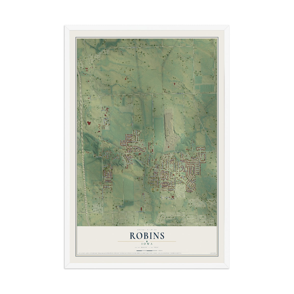 Map of Robins, Iowa, 12 x 18 inch print in a white wood frame