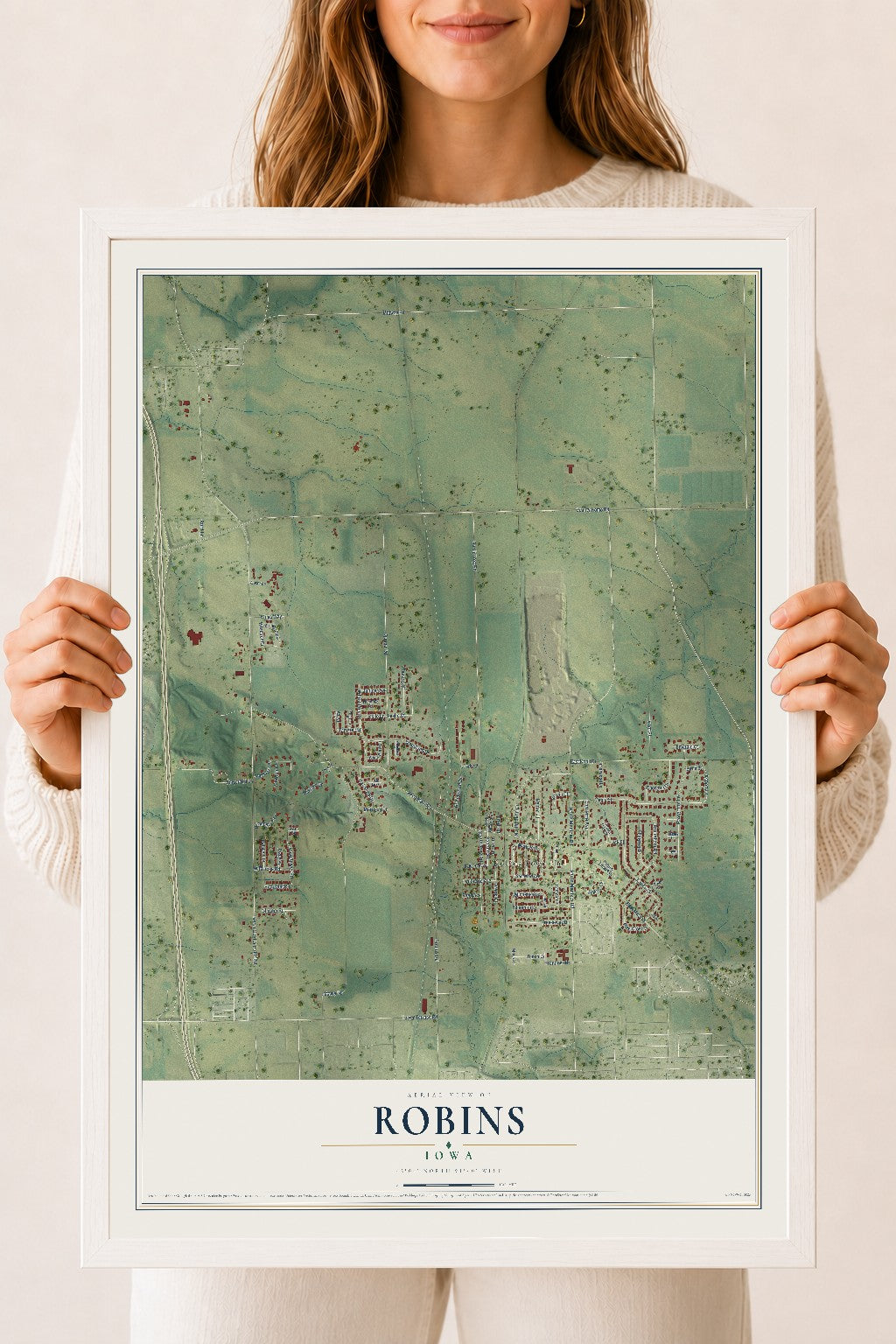 Map of Robins, Iowa, 18 x 24 inch print in a white wood frame