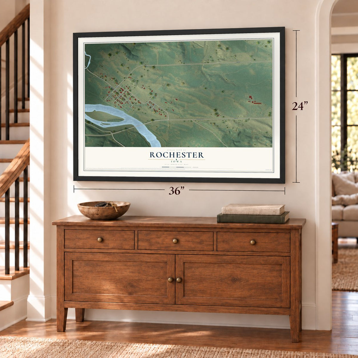 Rochester, Iowa map, 24 x 36 inch print in a black frame above a dresser by a staircase