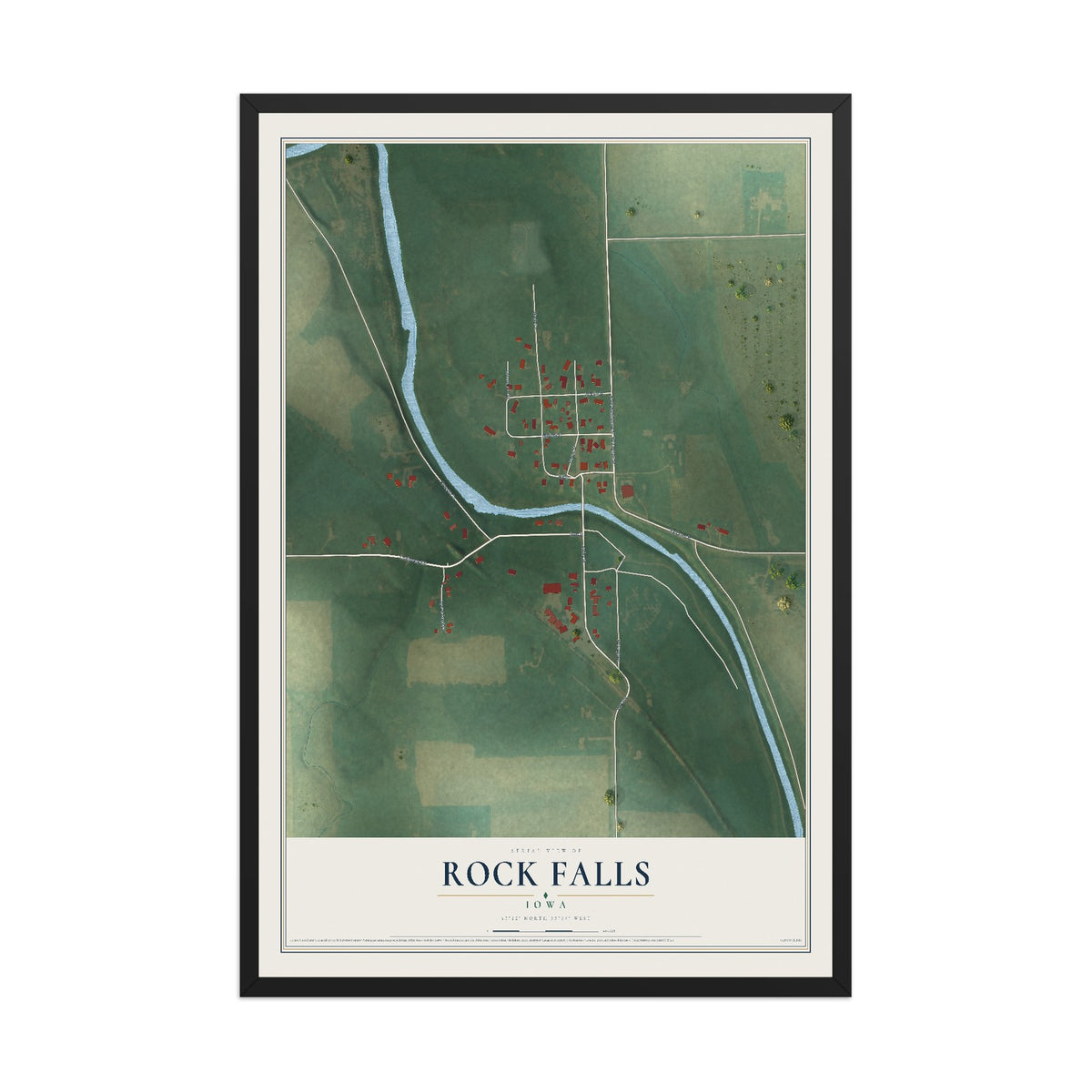 Map of Rock Falls, Iowa, 12 x 18 inch print in a black wood frame