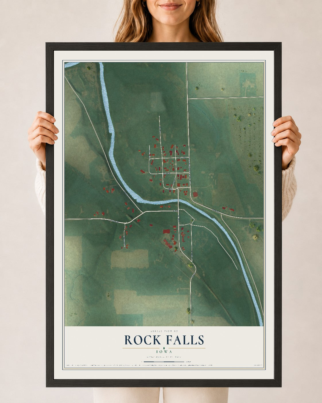 Map of Rock Falls, Iowa, 24 x 36 inch print in a black wood frame