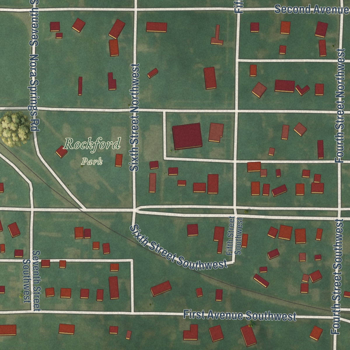 Second close-up of the map of Rockford, Iowa print showing more streets and buildings